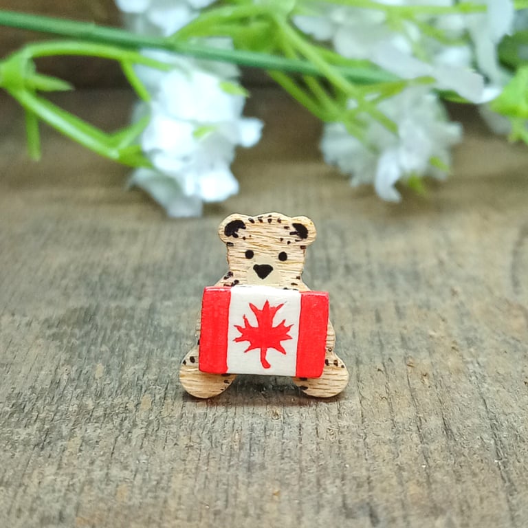 Canadian Flag Pin, Handmade Tiny Canada Teddy Bear Badge, Travel Gift