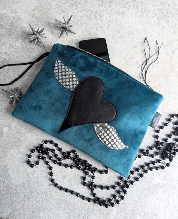 Clutch Bag Evening Bag or Party Bag With Heart and Silver Wings Motif