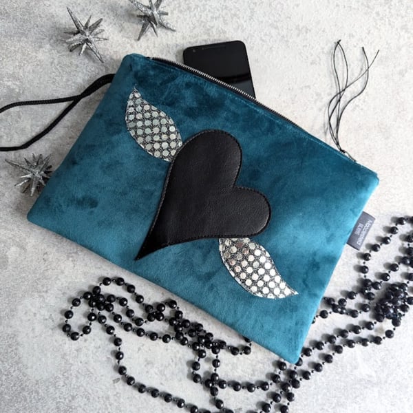 Clutch Bag Evening Bag or Party Bag With Heart and Silver Wings Motif