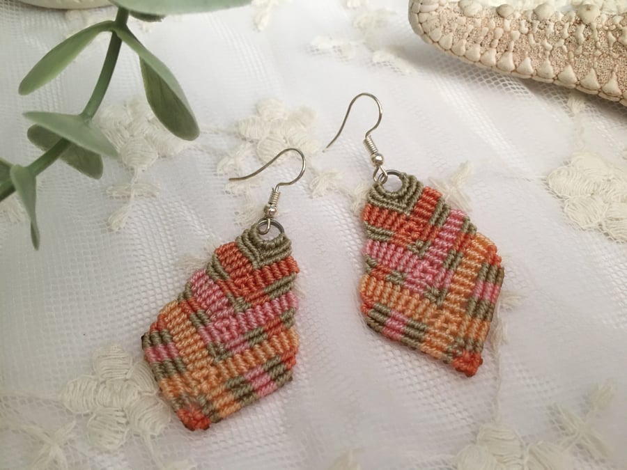 earrings, dangle, drop macrame leaf design earrings