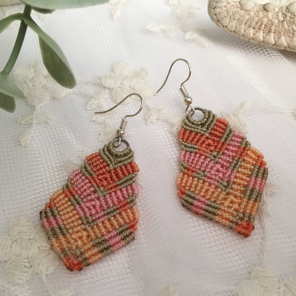 earrings, dangle, drop macrame leaf design earrings