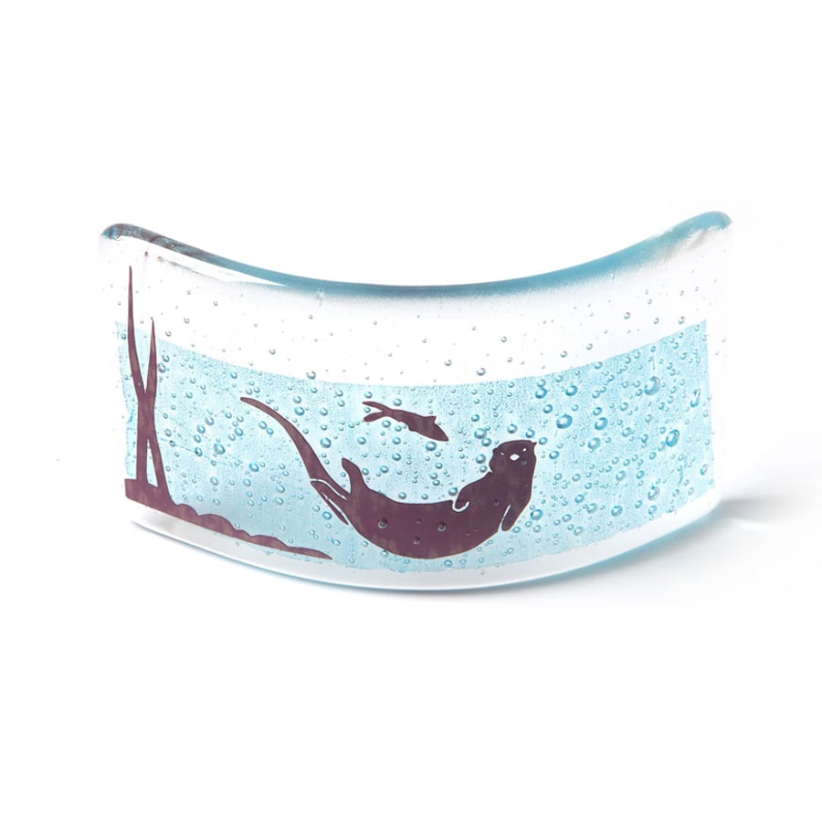 Otter Fused Glass Curve, tea light candle shade, British wildlife, nature lover