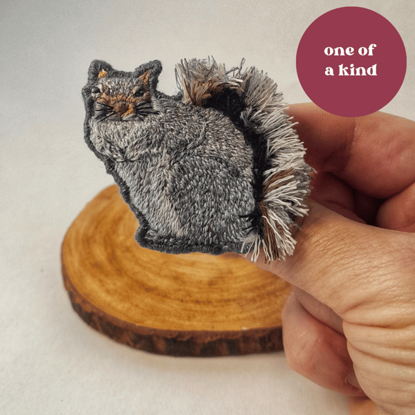 Hand Embroidered English Grey Squirrel Brooch