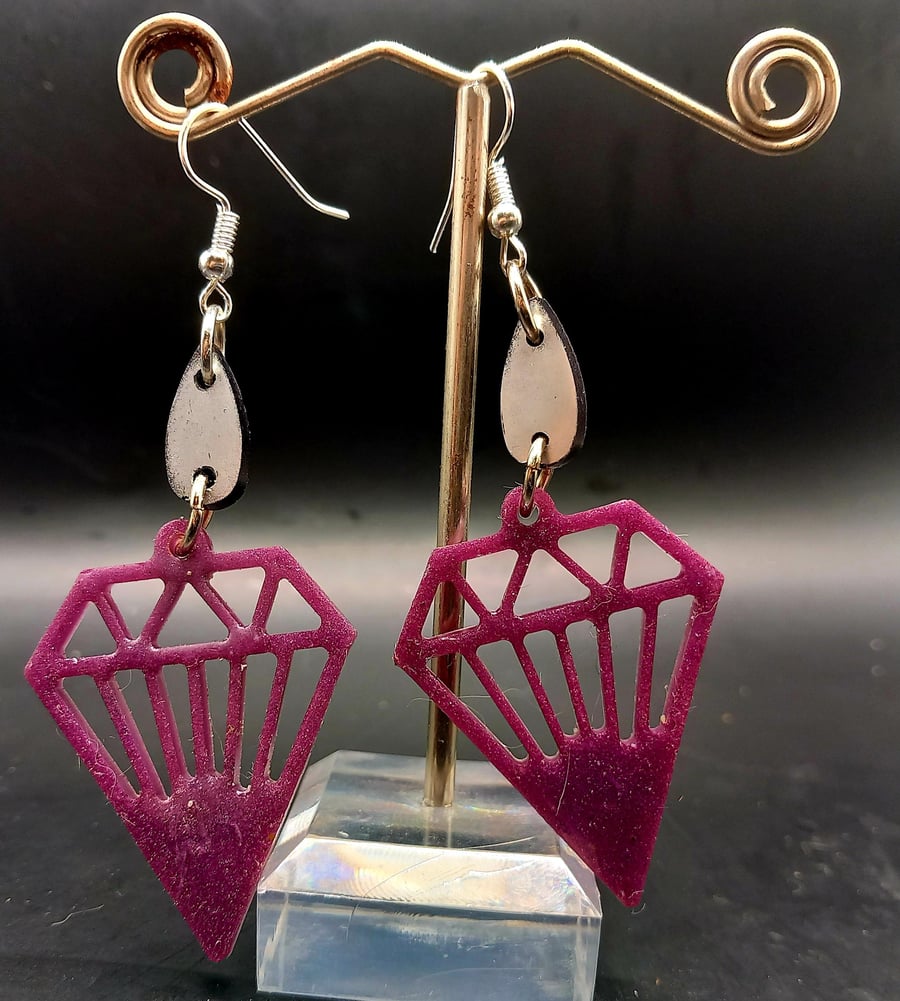 Large Purple Coloured Resin Diamond Shaped Drop Earrings