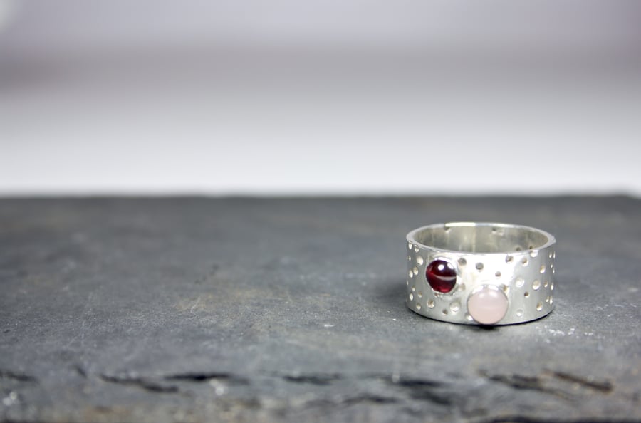 Chunky Handmade Patterned Silver Ring with Rose Quartz and Garnet Stones