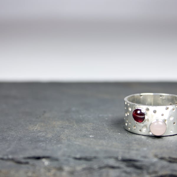 Chunky Handmade Patterned Silver Ring with Rose Quartz and Garnet Stones