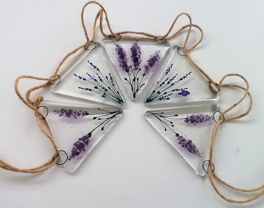 Lavender fused glass bunting, gift for mum, wall decor, garden art. 