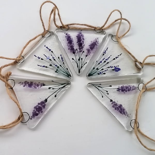 Lavender fused glass bunting, gift for mum, wall decor, garden art. 
