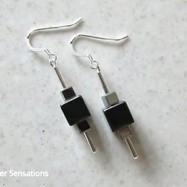 Hematite & Silver Hematite Cube Beads Earrings With Sterling Silver Tubes