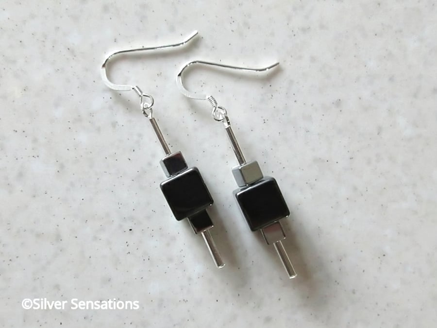 Hematite & Silver Hematite Cube Beads Earrings With Sterling Silver Tubes