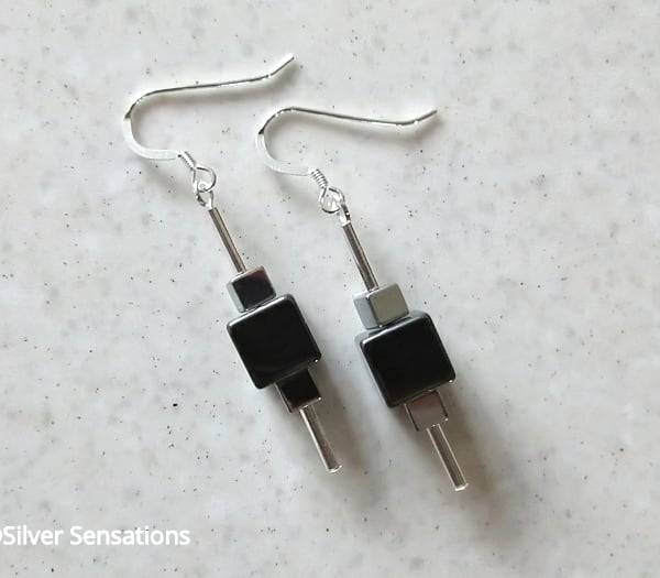 Hematite & Silver Hematite Cube Beads Earrings With Sterling Silver Tubes