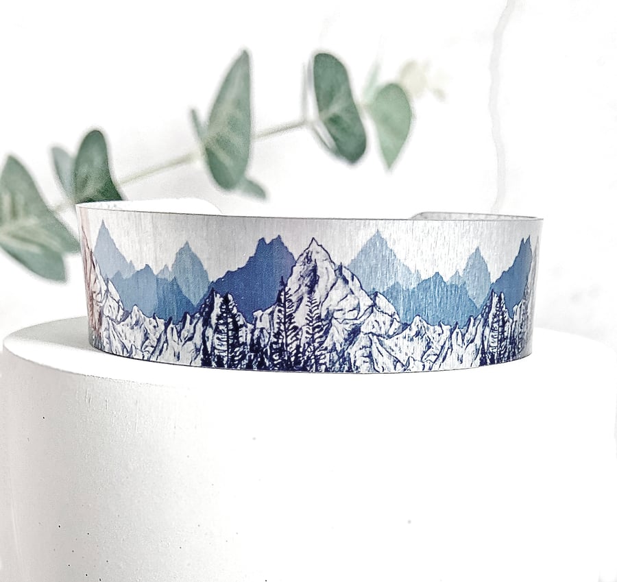 Mountain cuff bracelet, wanderlust metal bangle, views of trees, mountains. (774
