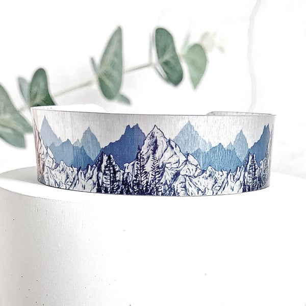 Mountain cuff bracelet, wanderlust metal bangle, views of trees, mountains. (774