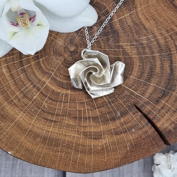 Real Origami rose preserved in silver, pendant necklace