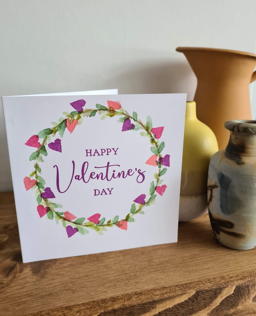 Handpainted watercolour wreath Valentine's Day card