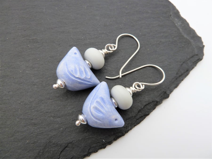 sterling silver earrings, blue ceramic bird jewellery