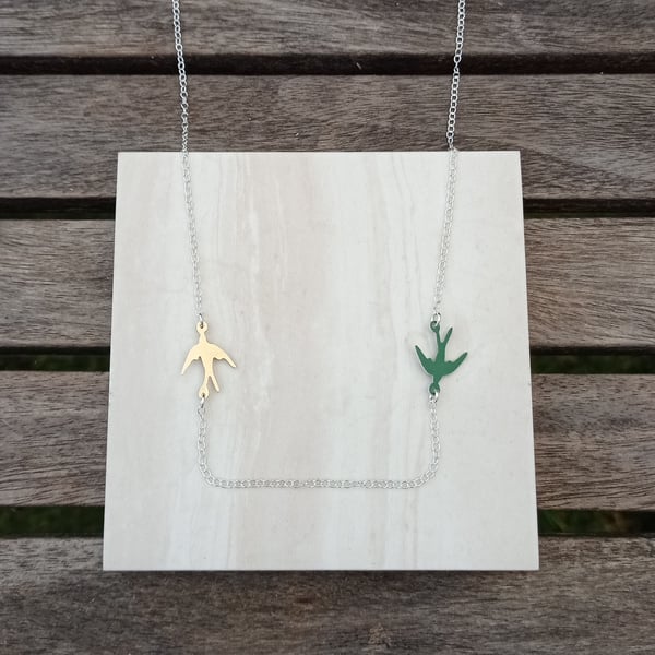 Brass and aluminium swallow necklace, delicate bird necklace