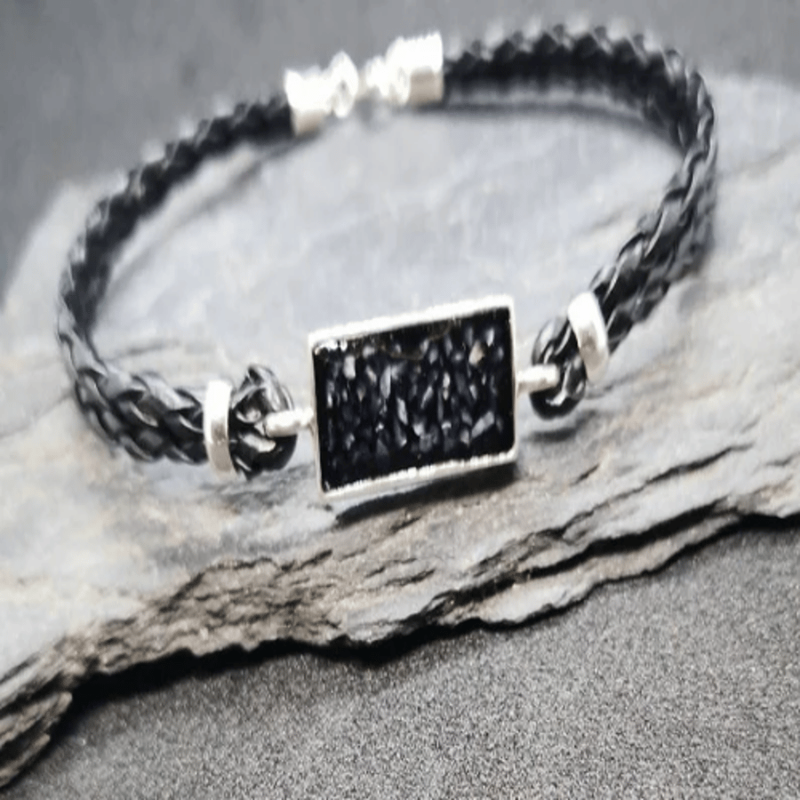 Inclusion Breastmilk or Ashes Mens Silver Rectangle Bracelet with Leather Strap