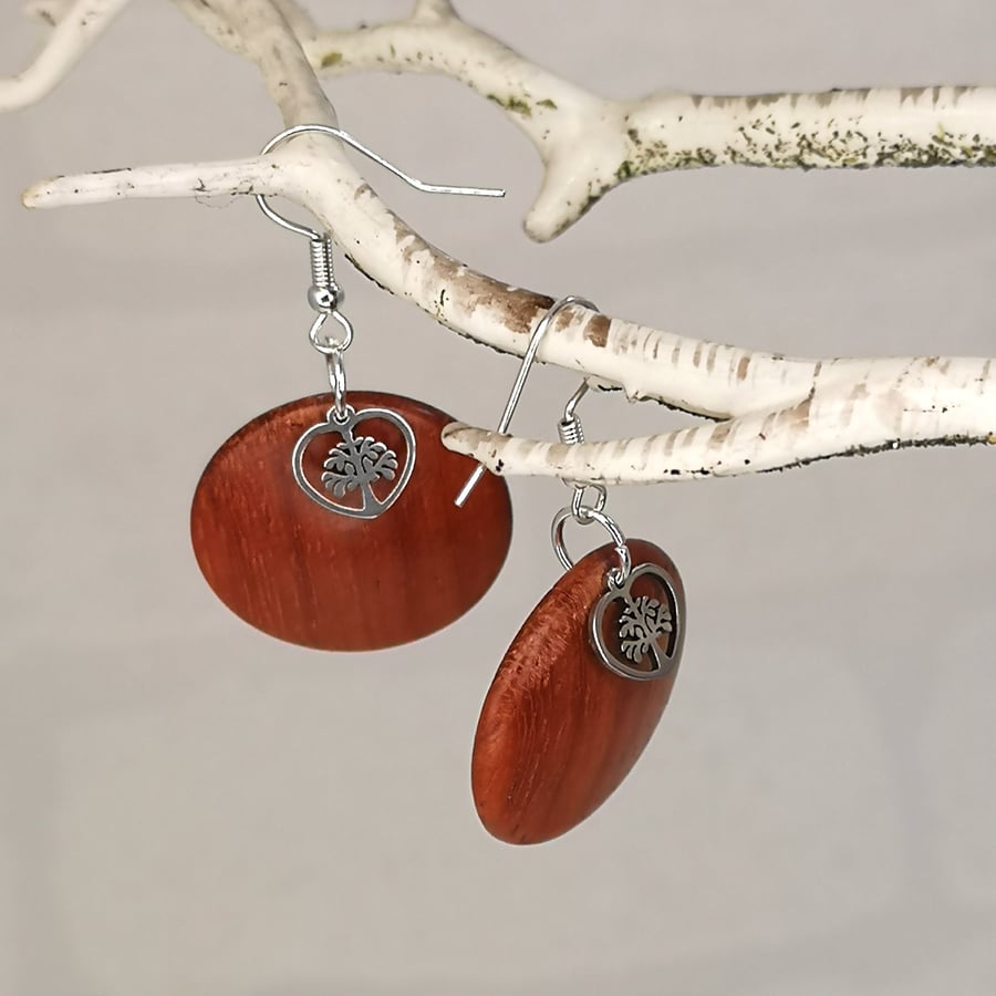 Woodturned Drop earrings with heart Tree of life overlay