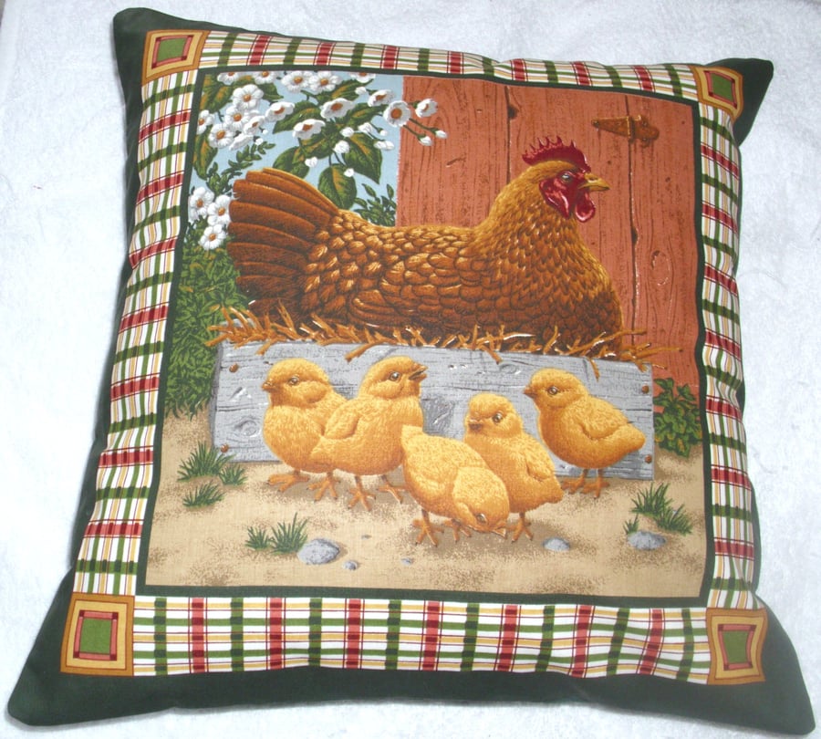 Chicken in crate with chicks in farmyard cushion 