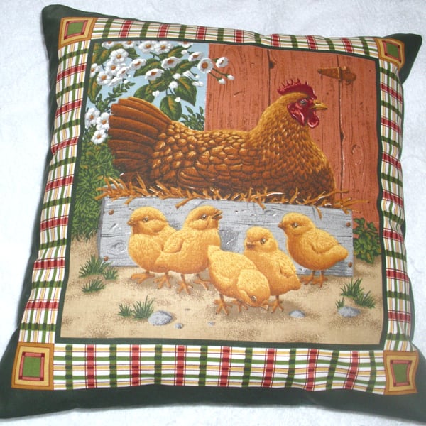 Chicken in crate with chicks in farmyard cushion 