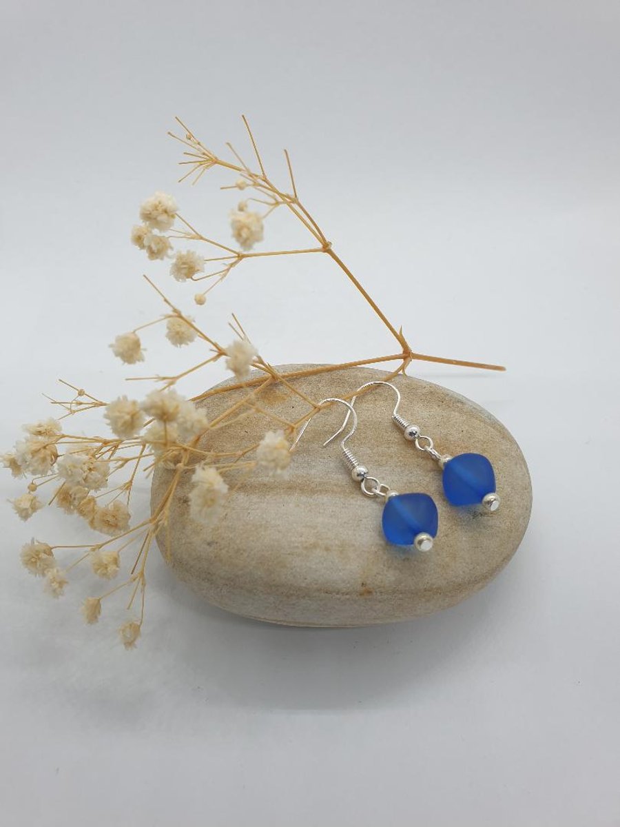 silver plated  earrings with faux sea glass beads royal blue