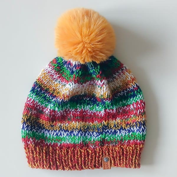 HAND KNIT Ladies Christmas Colours Beanie with Pom-Pom