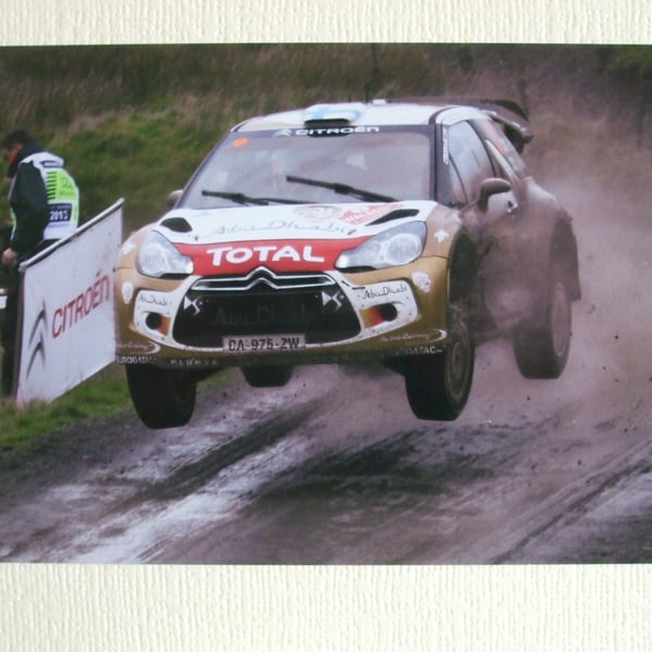 Photographic greetings card of Mikko Hirvonen in a Citroen DS3 WRC.