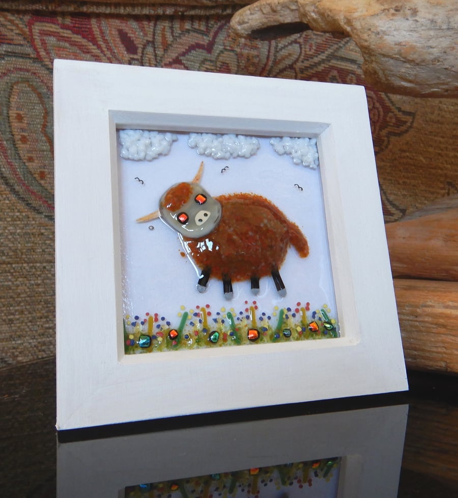 HANDMADE FUSED GLASS ON CERAMIC 'HIGHLAND COW' PICTURE