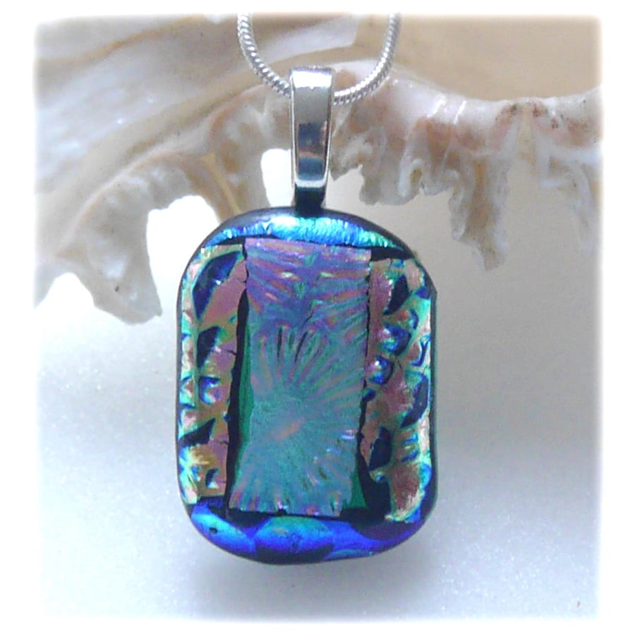 Dichroic Glass Pendant 228 Teal Silver Blue handmade with silver plated chain