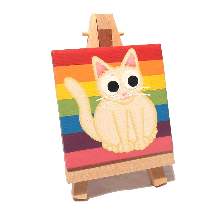 White Cat on Rainbow Background Original Acrylic Art on Miniature Canvas