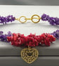 Chunky Amethyst & Red Coral Gold Filigree Heart Gemstone Chip Choker Necklace - Image 8