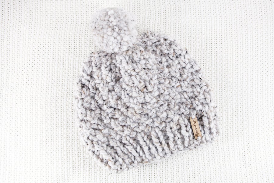 Thick Chunky Light Grey Bobble Hat. Pom Pom Hat. Hand Knitted Wool Blend Beanie.