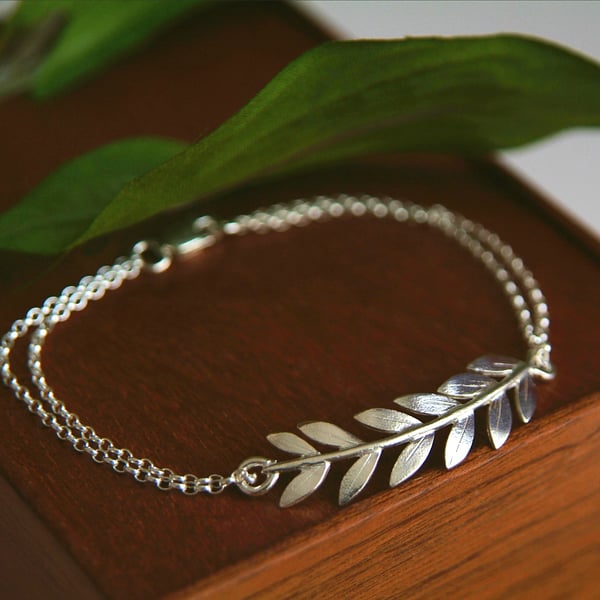 Silver Olive Branch Bracelet, Leaf Bracelet Handmade in Sterling Silver