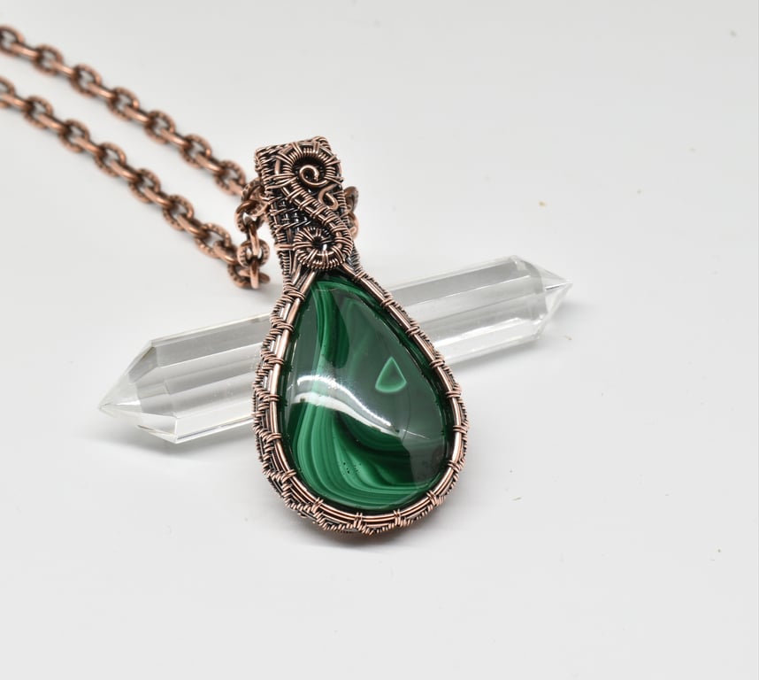 Malachite and Copper Wire Woven Pendant