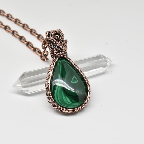 Malachite and Copper Wire Woven Pendant