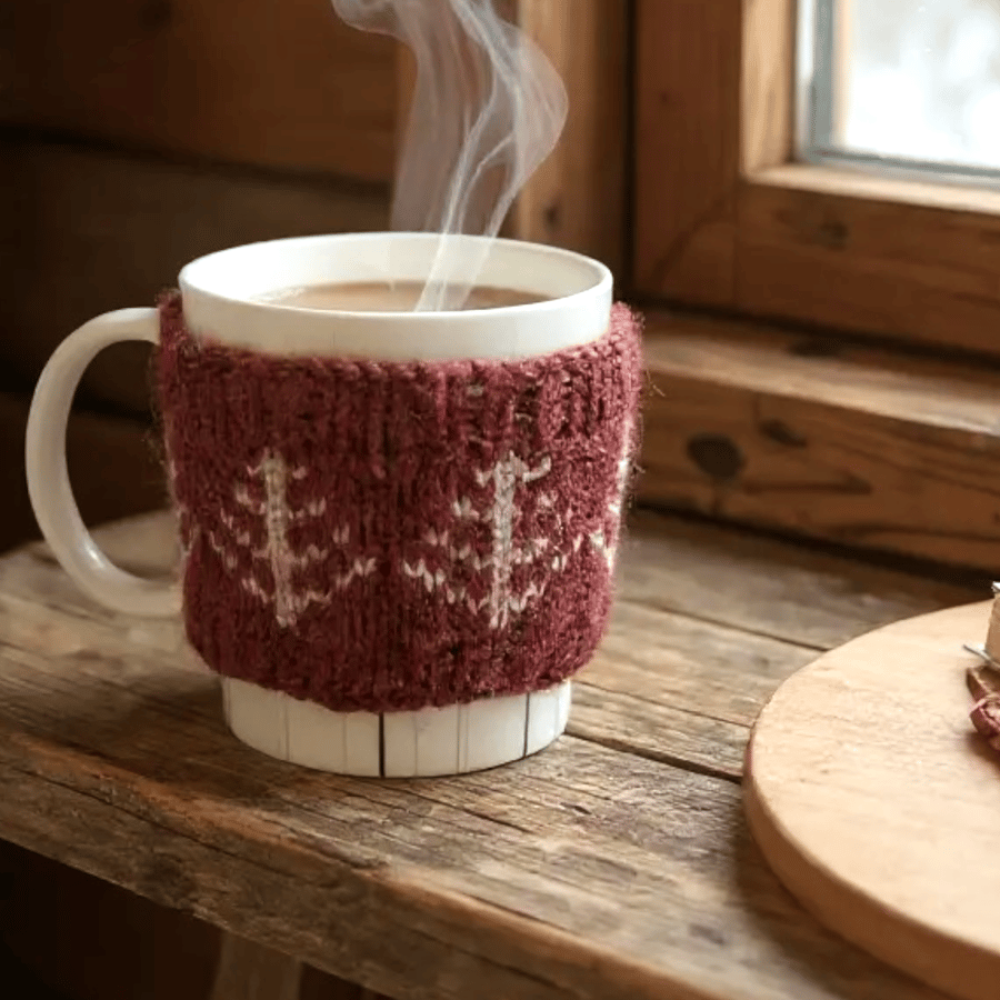 Pine tree wool mug cosy hand knit in dark red and cream