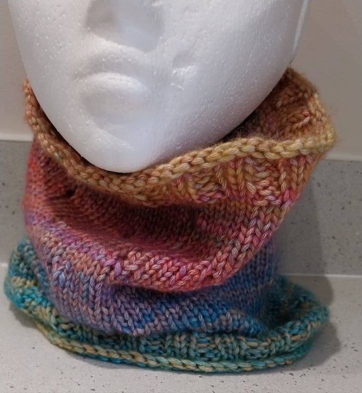 Handknit Cotton blend Circular Eyelet Cowl in pastel rainbow 