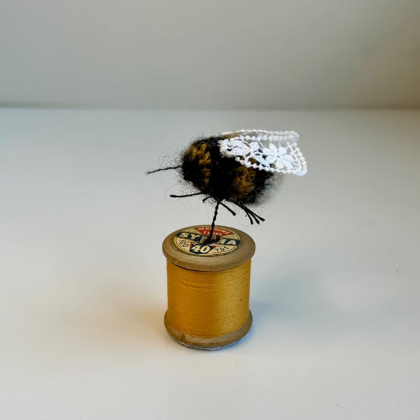 Mini Bobbinbee - Crochet Bee on a vintage wooden bobbin