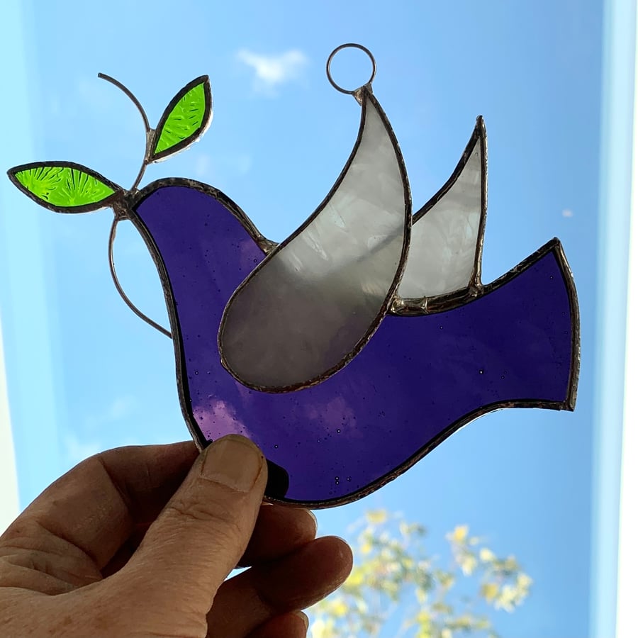 Stained Glass Dove Suncatcher - Hand Made Hanging Decoration - Purple