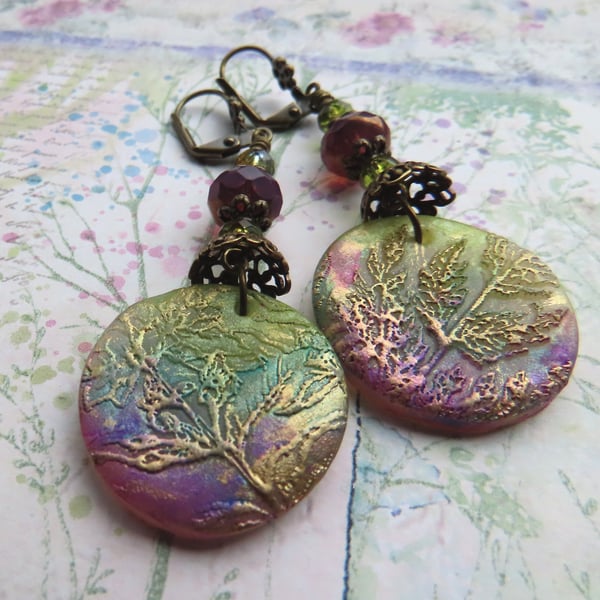 Artisan "LOST SUMMERS" Hand Painted Polymer Clay Floral Earrings, Vintage Style 