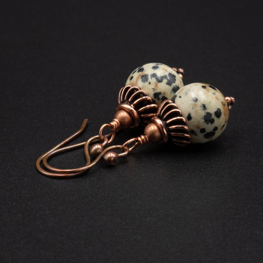 Dalmation jasper and copper handmade gemstone earrings, Pisces jewelry