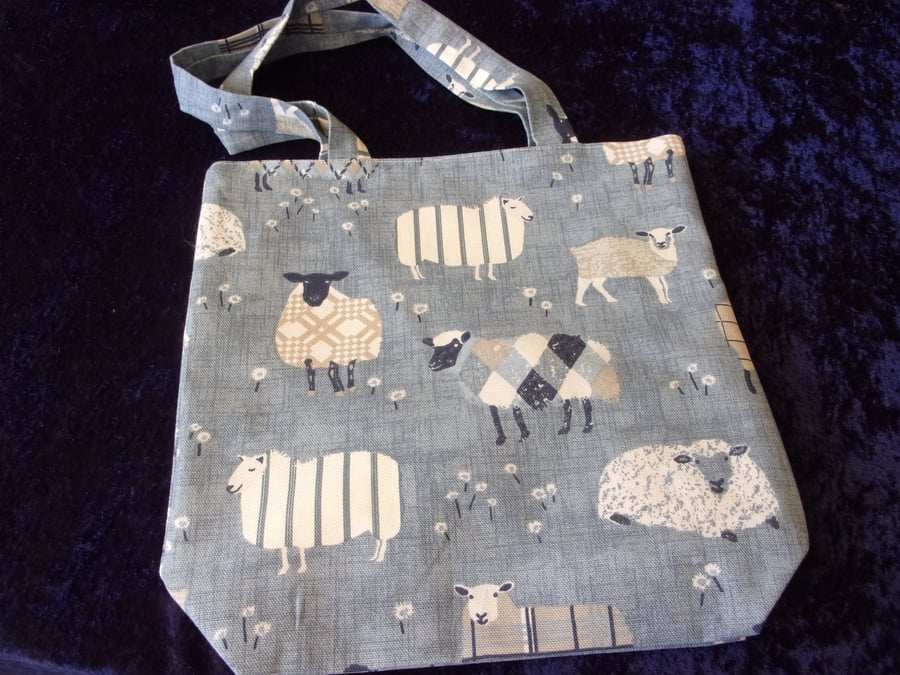 Sheep on Denim Blue Background Fabric Bag