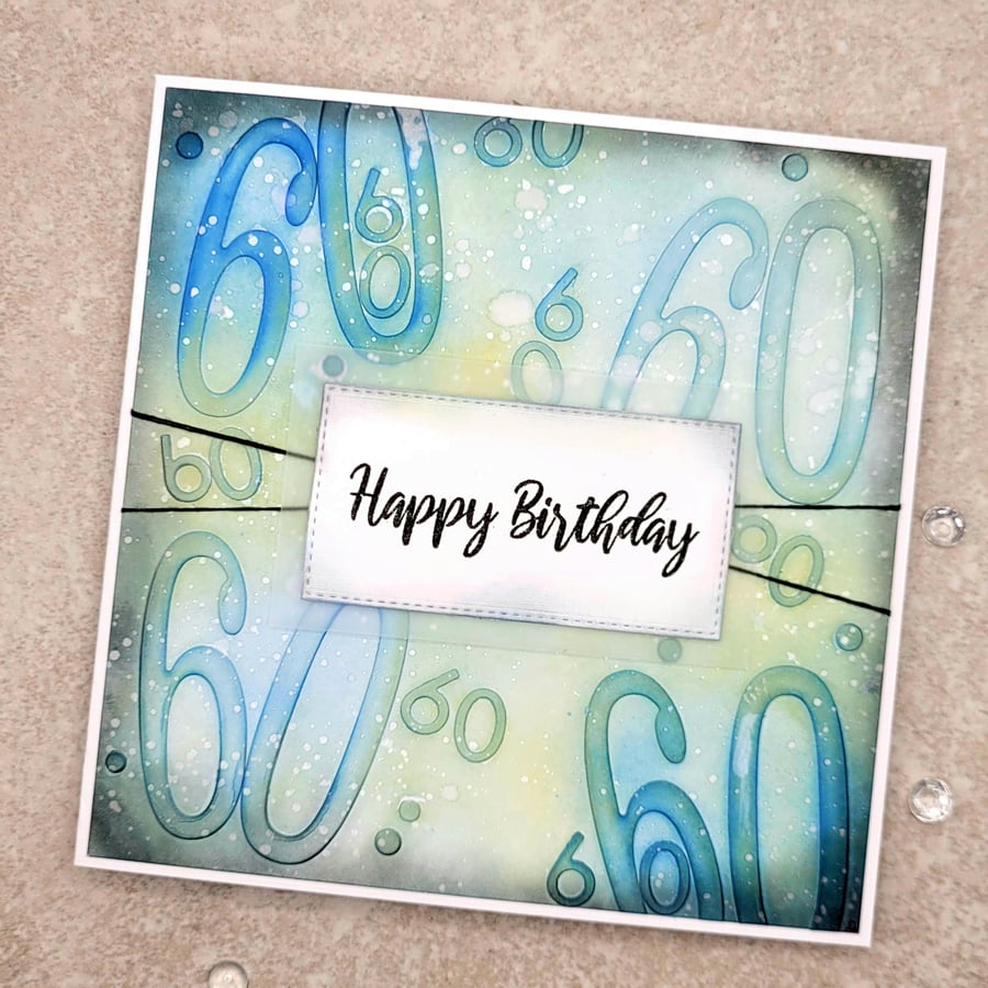 60th birthday card- textured dimensional blank grey blue green 