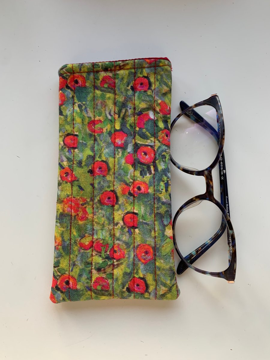 Klimt Field Of Poppies Design Quilted Fabric Glasses Case