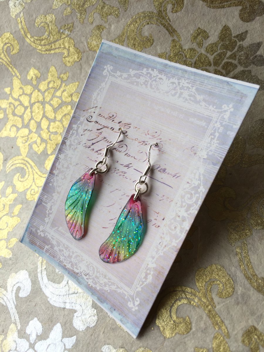 Dainty Shiny Happy Rainbow Glitter Sterling Silver Fairy Wing Earrings