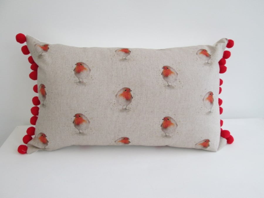 Red  Robin Cushion with Pom Poms