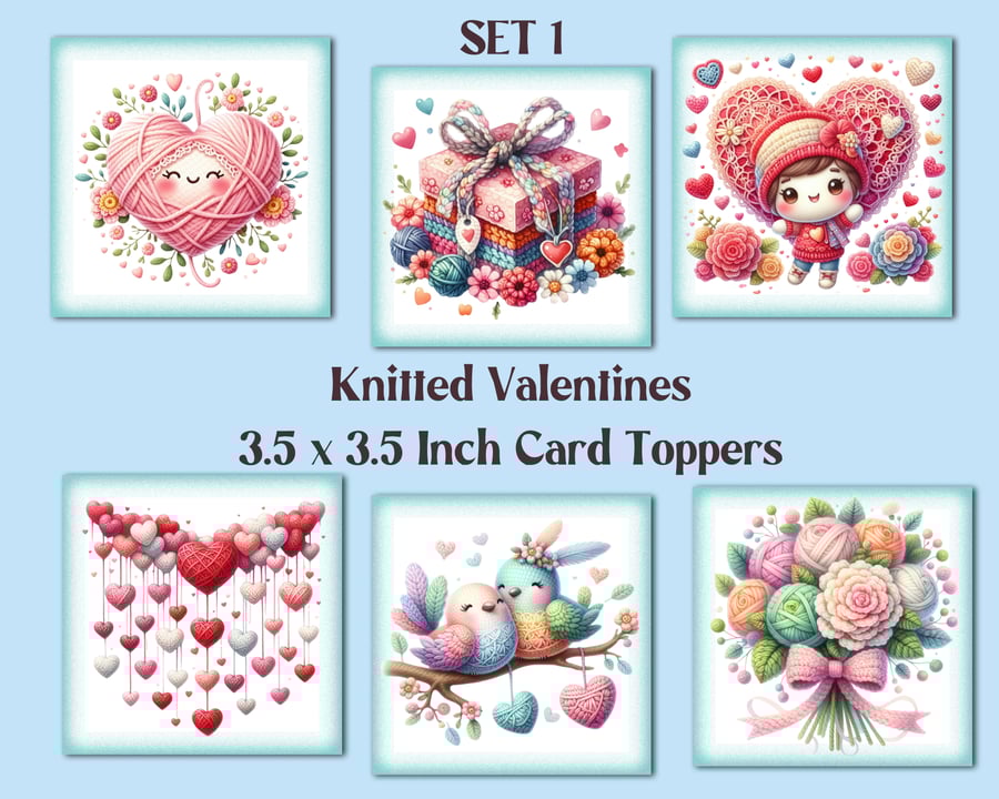 Knitted Valentines Square Card Toppers Card Making, Tags, Scrapbooks