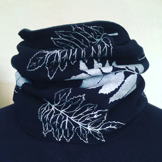 Black Neck warmer,Hand print silver ash leaf, Handmade fleece lined Snood scarf