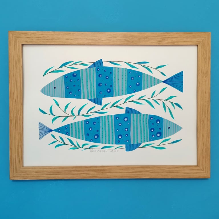 Framed fish folk art painting, sardines wall art, A3 original acrylic artwork